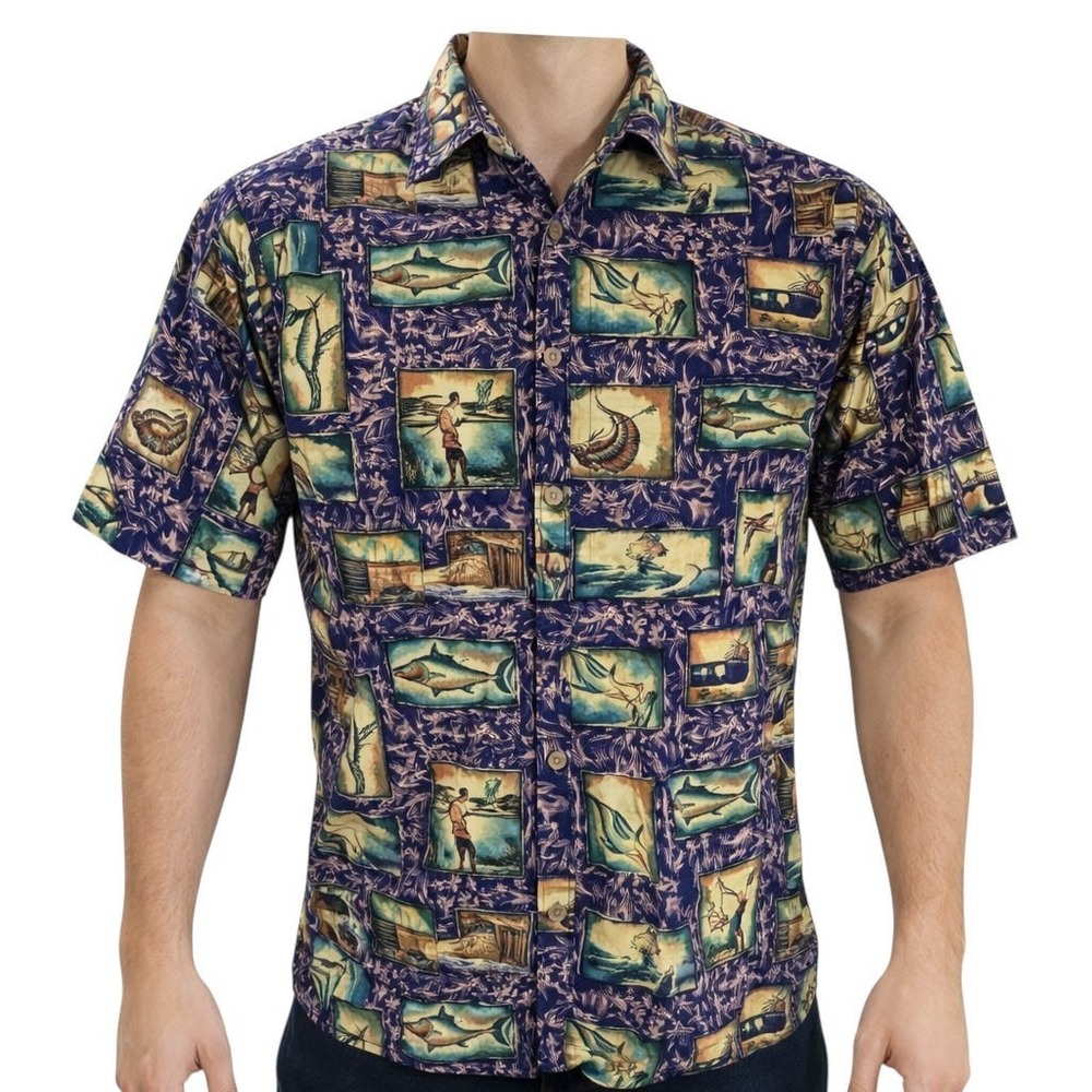 Bimini Bay Outfitters Ltd Shirt XL Nautical Game Fish Blue Yellow Green